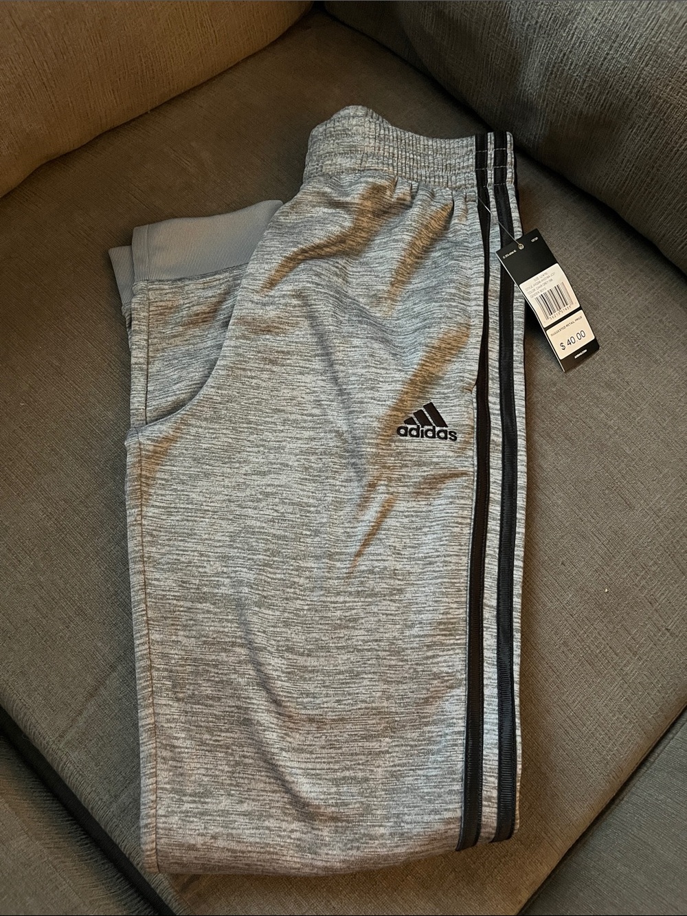 NWT adidas Youth Heather Gray Joggers with Black Side Stripes L 14/16